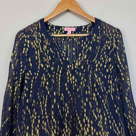 Lilly Pulitzer Women's Colby Top Silk Blend Long Sleeve Pullover Navy Blue Sz XS - Picture 2 of 13